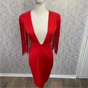 Red Fringe Sleeve Plunge Midi Dress